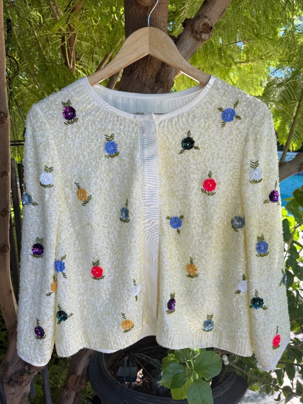 Anthropologie Elevenses Beaded Sequin Floral Embellished Cardigan Jacket Size M